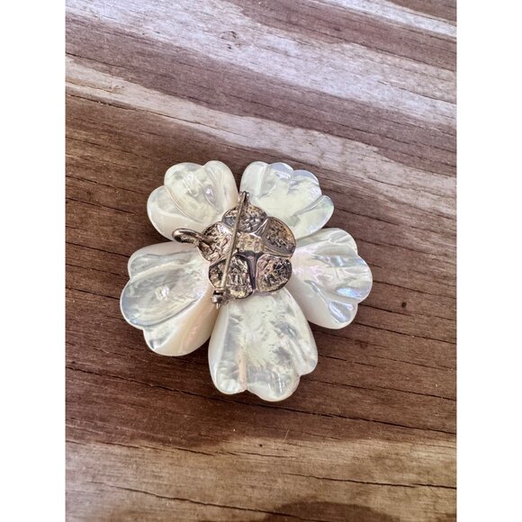 Vintage Mother Of Pearl Sterling Silver Floral Brooch With Pendant Bezel - Picture 7 of 7